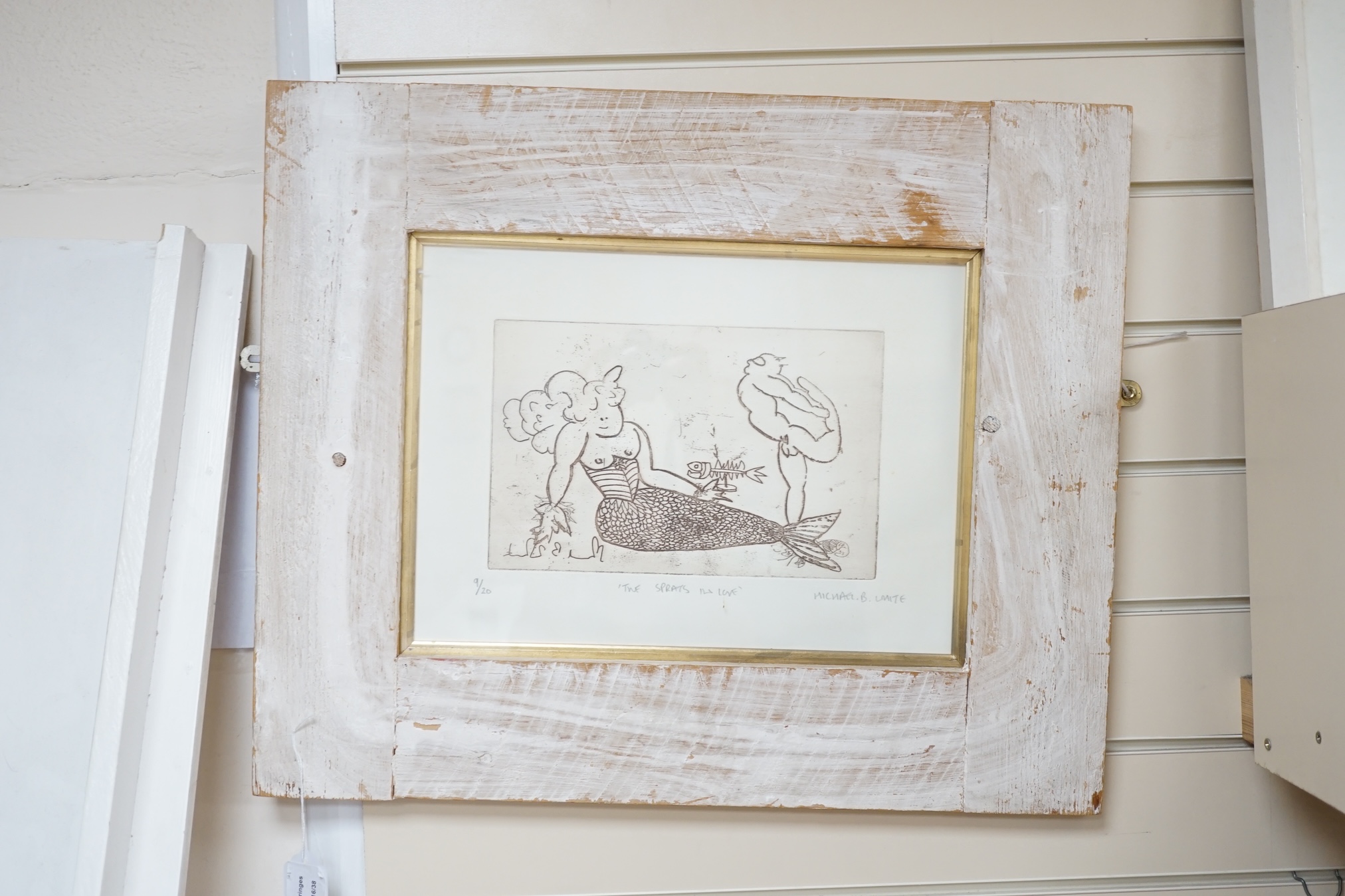 From the Studio of Fred Cuming. Michael B. White (Sussex artist), etching, 'Two Sprats In Love', signed in pencil, limited edition 9/20, 27 x 37cm. Condition - fair